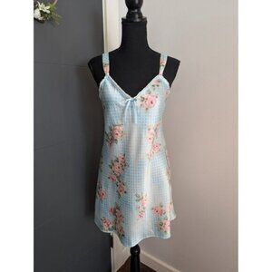 Morgan Taylor Intimates Blue Gingham and Rose Print Chemise Nightgown - Small